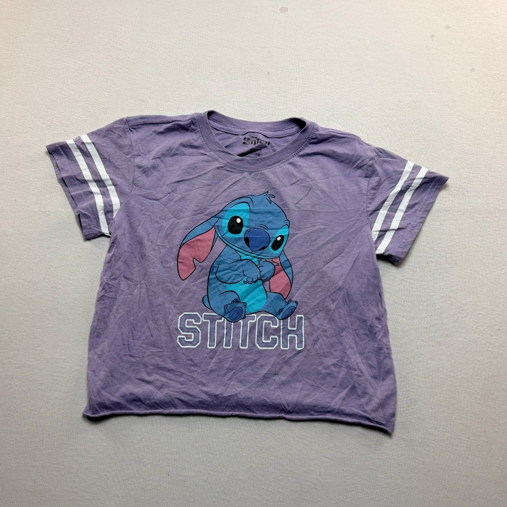 Disney Stitch Graphic Tee Kids Extra Large Purple Excellent Varsity Stripe Crop